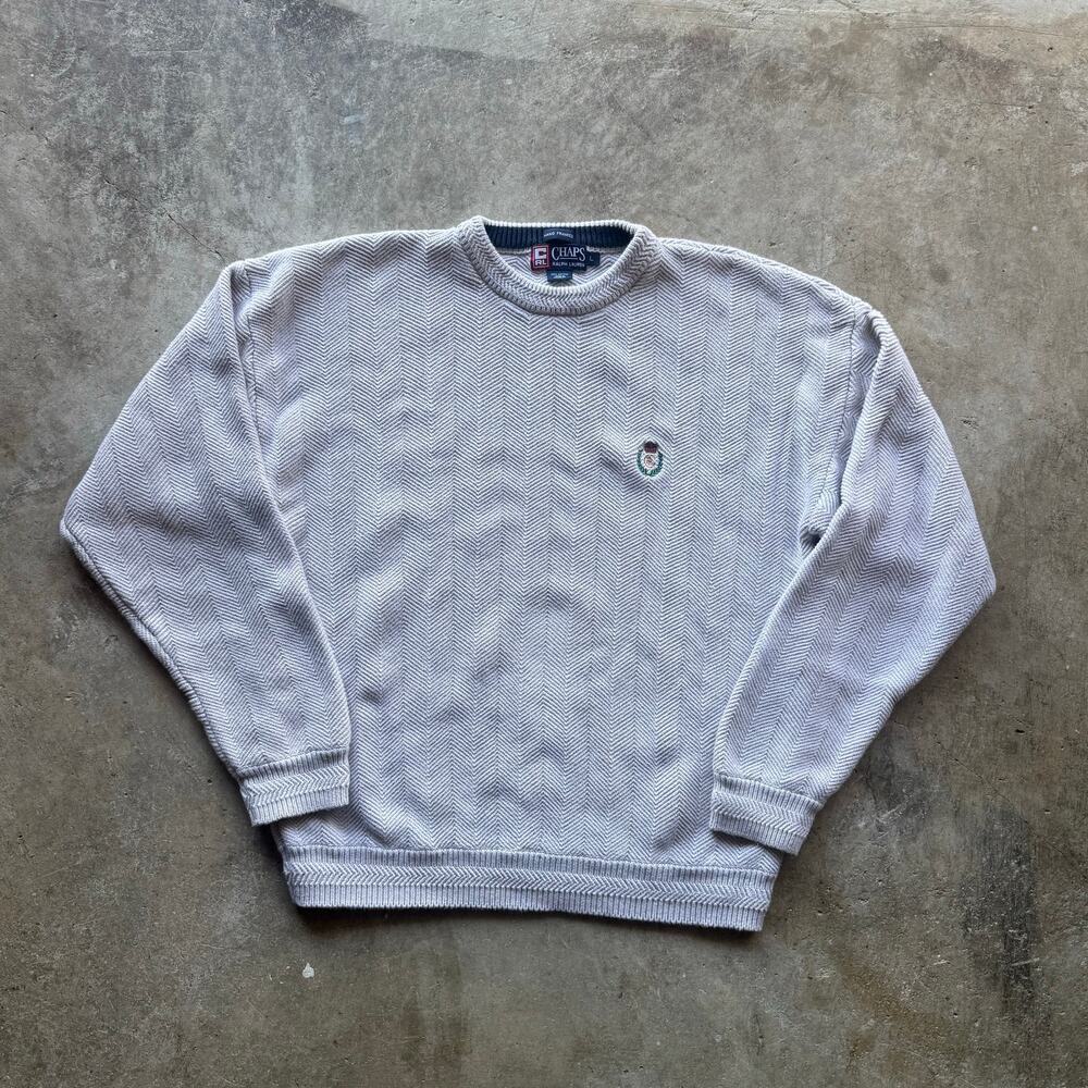 1990s Chaps Ralph Lauren Tan Hand Framed Knit Cotton Sweater Size Medium / Large